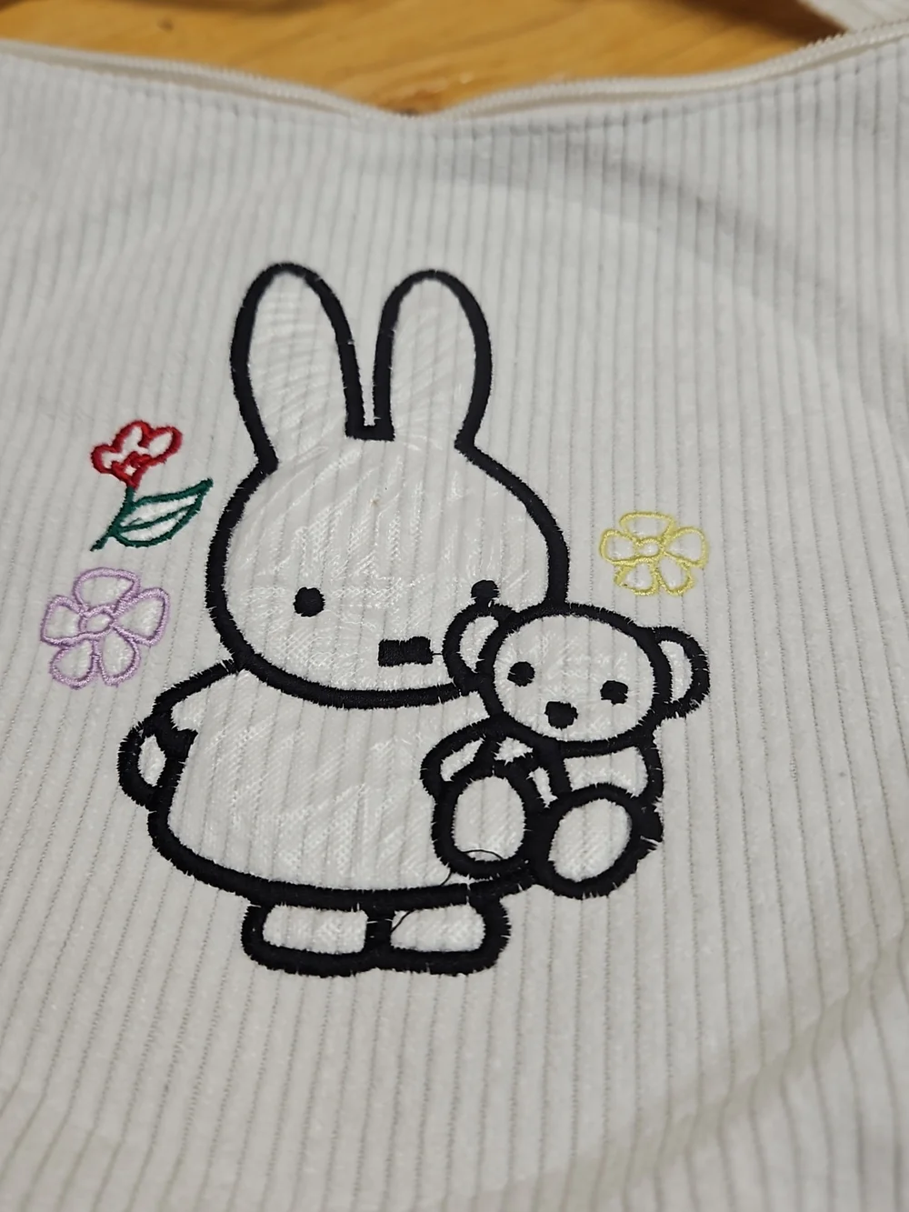 White Corduroy Bunny Shoulder Bag with Embroidered Character